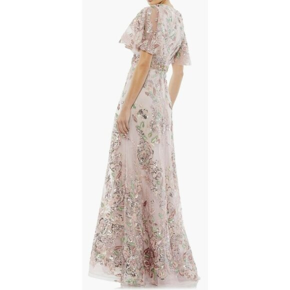 Mac Duggal Pink Sequin Floral Butterfly Sleeve Maxi Dress A-Line Gown Sz 8 NWT - Picture 4 of 10